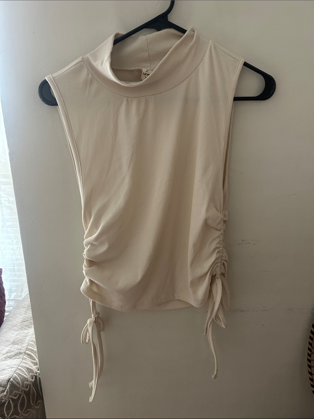 Sleeveless Mock Neck Tie-Ruched Tank in Cream